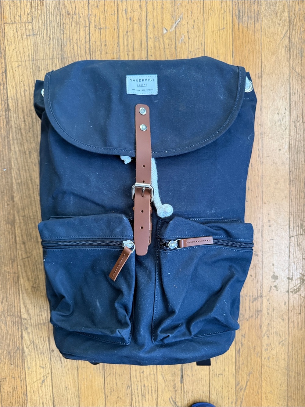 Sandqvist Navy Canvas Backpack with Leather Trim